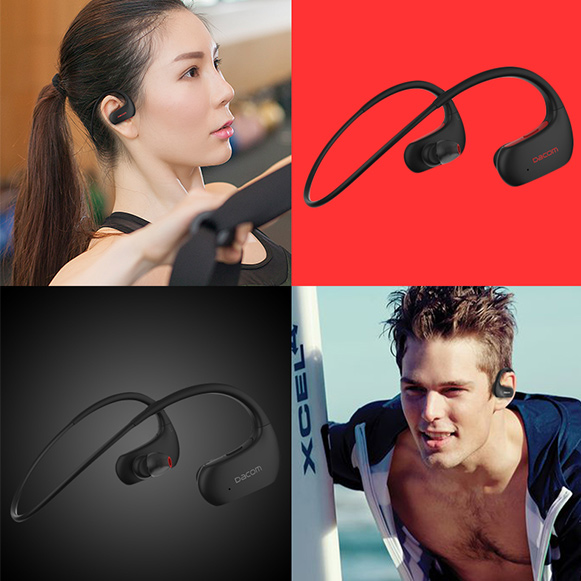 Červená bezdrátová Bluetooth sluchátka a černá sluchátka. Vhodná pro ženy i muže na běhání. Dacom Athlete L05.